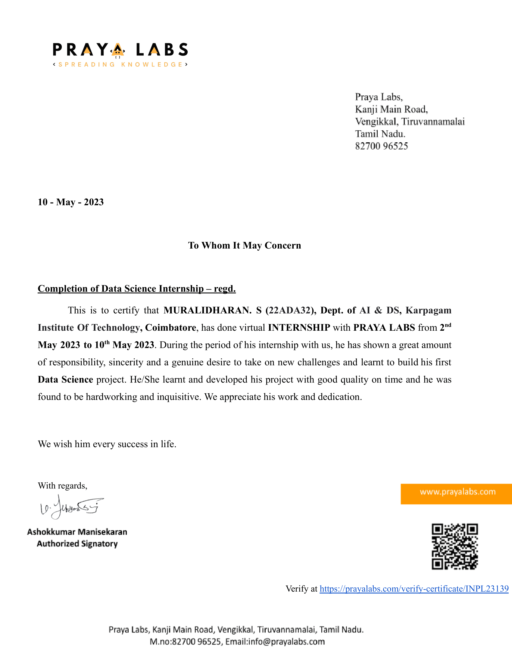 Internship Certificate